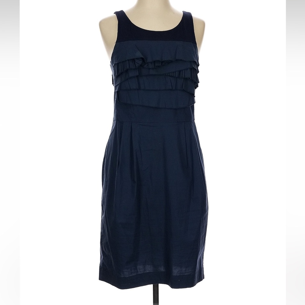 BCBGMaxAzria Navy Sleeveless Ruffle Front Shift Dress